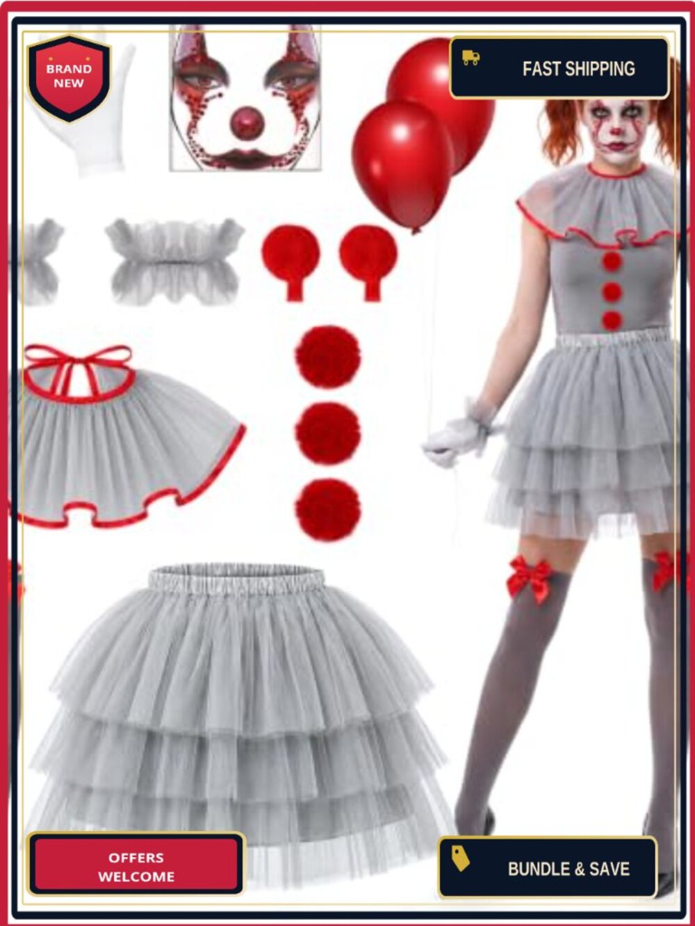 Scary Clown Costume Set Tutu Choker Socks Halloween Cosplay Adult